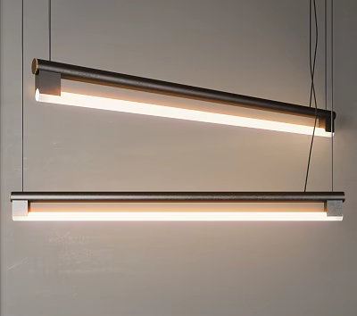 Two Modern Long Pendant Lights With Metal Frame Hanging On White Wall 3d model