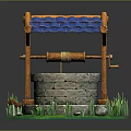 Traditional Scenic Stone Well with Blue Tile Roof Wooden Pulley Green Grass and Small Mushrooms