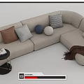 Beige Sectional Sofa with Multiple Decorative Pillows Side Table and Brown Blanket 3d model