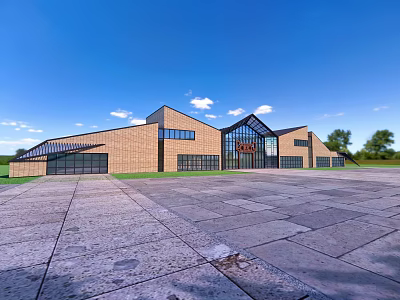 Modern Museum Building With Brick Glass Facade Large Windows Open Plaza Blue Sky Green Trees 3d model