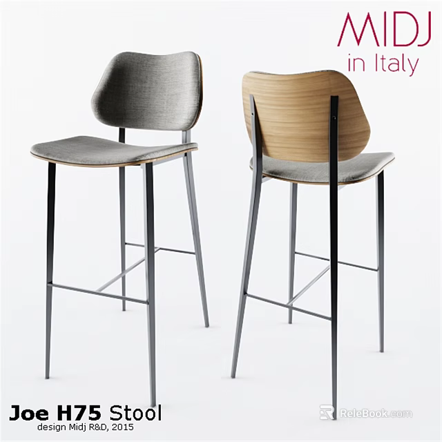 Modern Single Bar Stools Design With Wooden Back Metal Legs And Gray Cushion In Italy 3d model 
