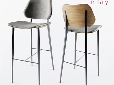 Modern Single Bar Stools Design With Wooden Back Metal Legs And Gray Cushion In Italy 3d model