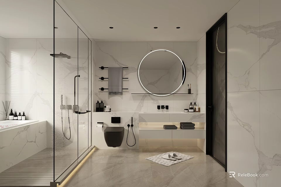 Modern Bathroom Interior With Round Mirror Marble Walls And Glass Shower 3d model 