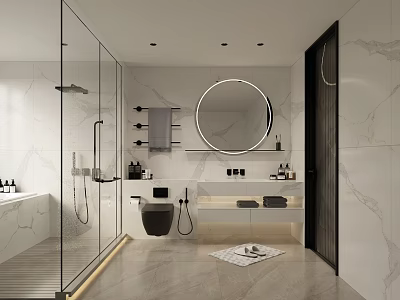Modern Bathroom Interior With Round Mirror Marble Walls And Glass Shower 3d model