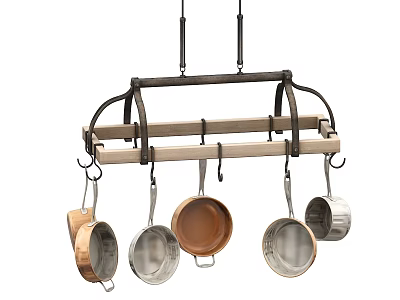 Stylish Hanging Cookware On Wooden Metal Rack With Various Pans Pots In Kitchen 3d model