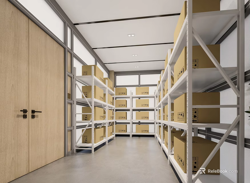 Neat Organized Warehouse Storage Interior With Metal Shelves And Stacked Boxes 3d model 
