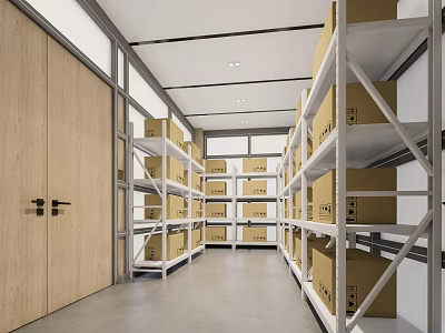 Neat Organized Warehouse Storage Interior With Metal Shelves And Stacked Boxes 3d model