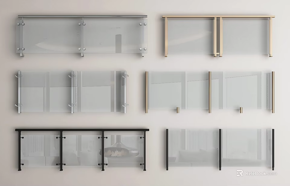 Modern Glass Railing Designs With Various Frame Styles And Transparent Panels 3d model