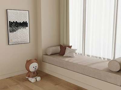 Cozy Bay Window Seat With Brown Teddy Bear Pillows And Black White Artwork 3d model