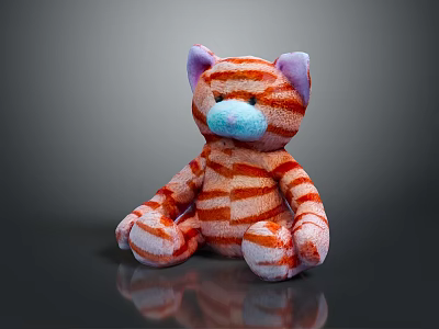 Plush Cat Stuffed Toy With Orange White Stripes Purple Ears And Blue Nose 3d model