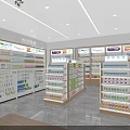 Specialty Store Interior With Green Tree Shelves And Products Display Area