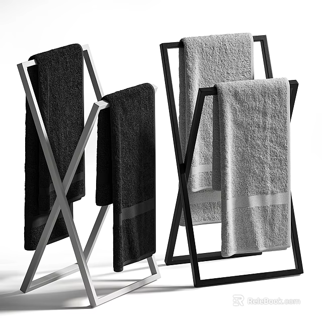 Modern Bathroom Towel Rack With Metal Cross Design And Hanging Black And Gray Towels 3d model 