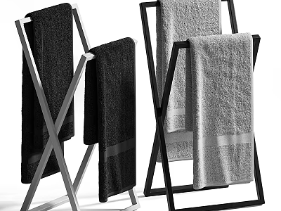 Modern Bathroom Towel Rack With Metal Cross Design And Hanging Black And Gray Towels 3d model