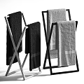Modern Bathroom Towel Rack With Metal Cross Design And Hanging Black And Gray Towels