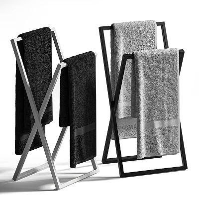 Modern Bathroom Towel Rack With Metal Cross Design And Hanging Black And Gray Towels 3d model