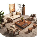 Natural Beige Sofa And Wooden Coffee Table With Round Rug Green Plant Decorative Painting