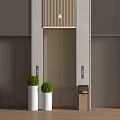 Modern Elevator Lobby Design with Three Elevators Green Plants And Trash Bin Wooden Accent Walls 3d model