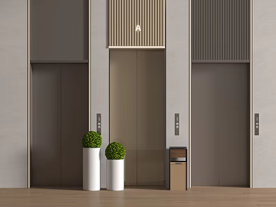 Modern Elevator Lobby Design with Three Elevators Green Plants And Trash Bin Wooden Accent Walls 3d model