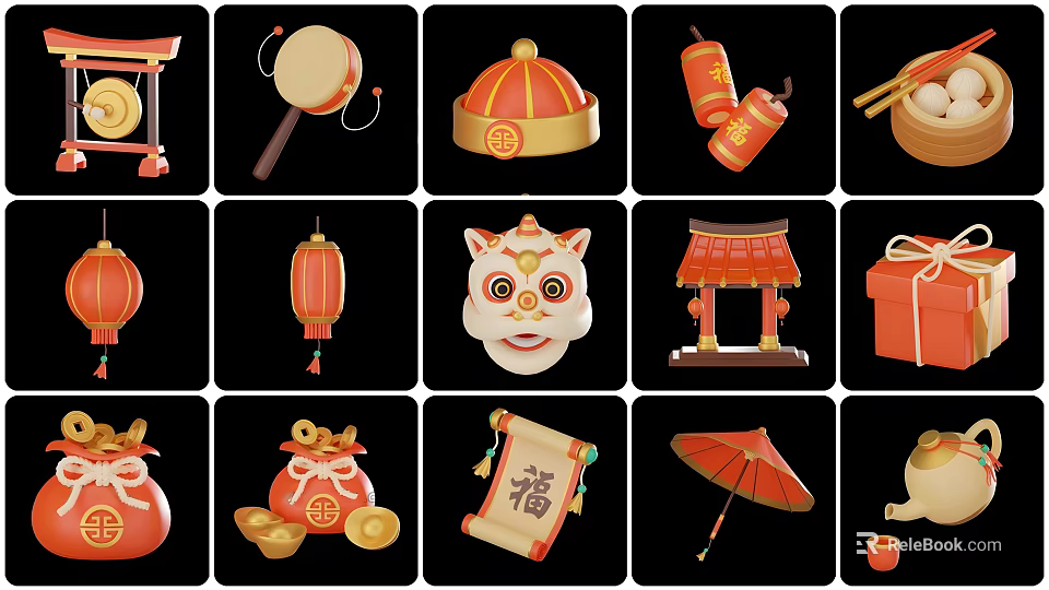 Chinese Traditional Festival Wall Decor With Lanterns Lion Mask Fu Character And Red Elements 3d model 