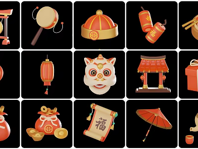 Chinese Traditional Festival Wall Decor With Lanterns Lion Mask Fu Character And Red Elements 3d model