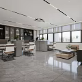 Modern Office Open Space With Large Conference Table Laptop Wooden Wall Green Plant Hanging Lights