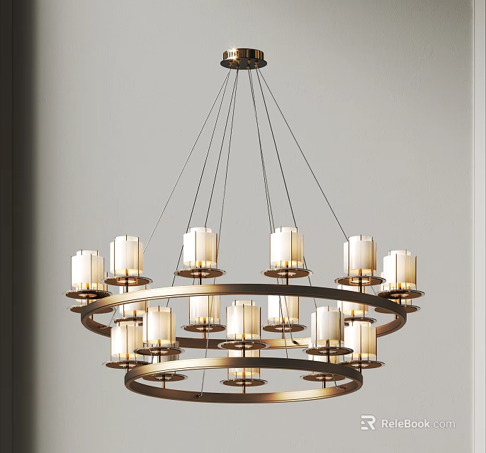 Multi Tiered Chandelier With Candle Shaped Lights And Brass Metal Frame Hanging In Minimalist Interior 3d model 