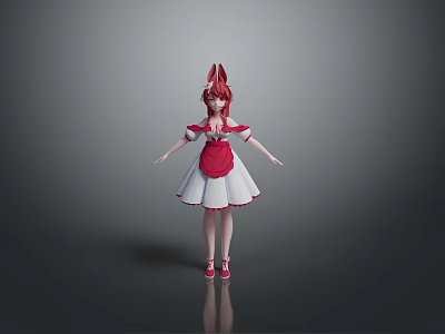 Child with Red Hair and Rabbit Ears Wearing Red and White Dress and Red Shoes 3d model