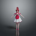 Child with Red Hair and Rabbit Ears Wearing Red and White Dress and Red Shoes