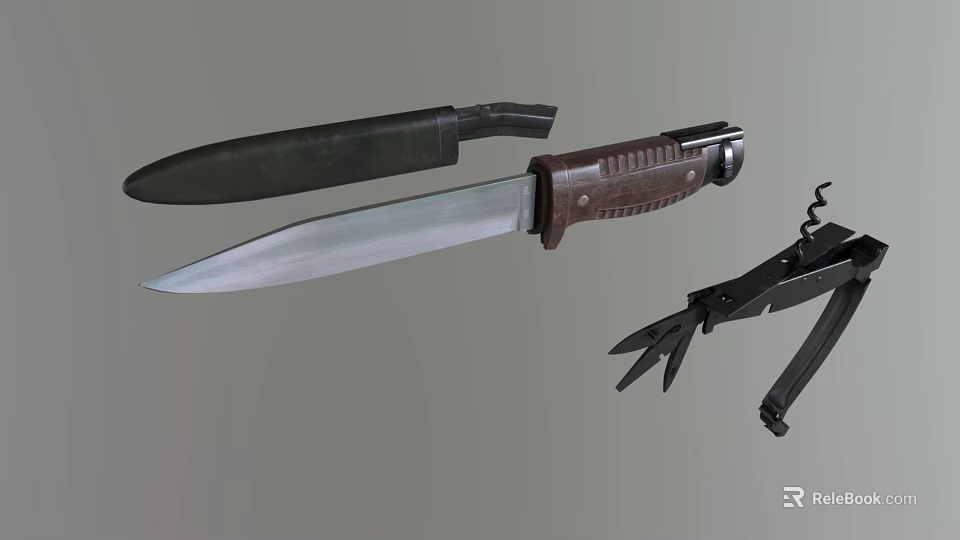 Sharp Blade Knife With Brown Handle And Multi Function Folding Tool 3d model 