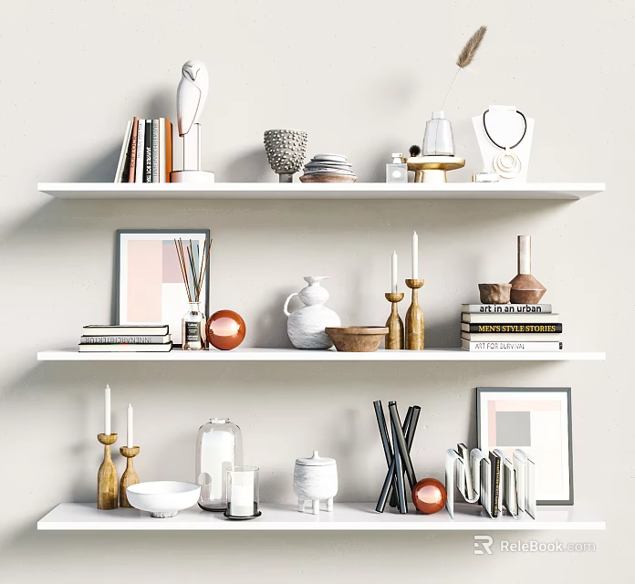 Stylish Decorative Ornament Set with Books Sculptures Vases and Candles on White Shelves 3d model 