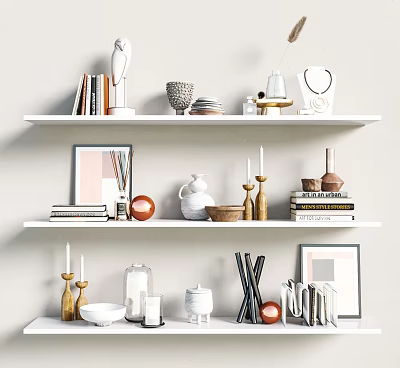 Stylish Decorative Ornament Set with Books Sculptures Vases and Candles on White Shelves 3d model
