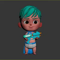 Cute 3D Rendered Game and Movie Character With Green Hair Blue Water Gun White Diaper