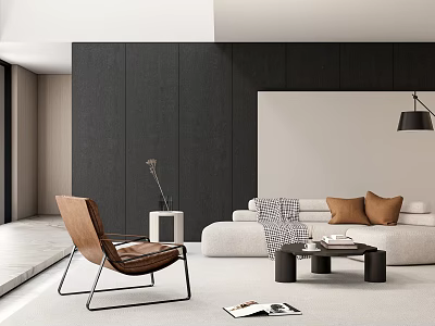 Modern Living Room With Dark Gray Walls White Sofa And Brown Accent Chair 3d model