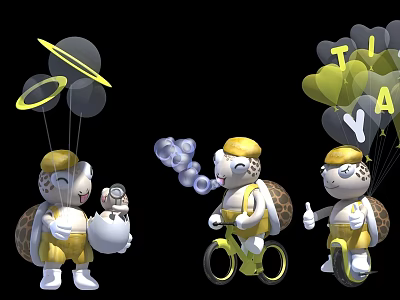 Cartoon Turtles In Yellow Outfits With Hats Camera Bicycles Bubbles And TIYA Balloons 3d model