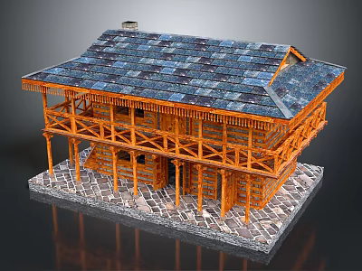 Two Story Wooden Building With Blue Tiled Roof Balcony And Stone Foundation 3d model