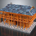 Two Story Wooden Building With Blue Tiled Roof Balcony And Stone Foundation