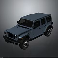 Light Blue Jeep Four Door SUV Featuring Square Body Design And Black Wheels