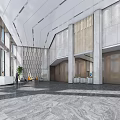 Modern Lobby Reception Desk Design With Stone Walls Wooden Accents And Glass Doors