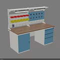 Functional Workbench With Wooden Countertop Blue Cabinets Drawers Upper Pegboard Shelving And Yellow Bins