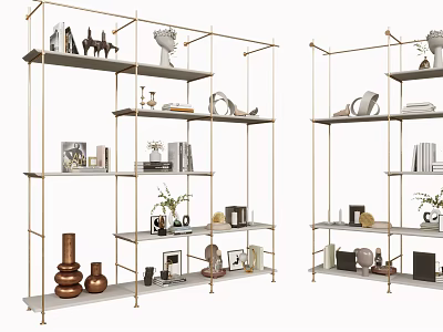 Modern Elegant Gold Shelving Units with Decorative Items Books Vases and Sculptures 3d model