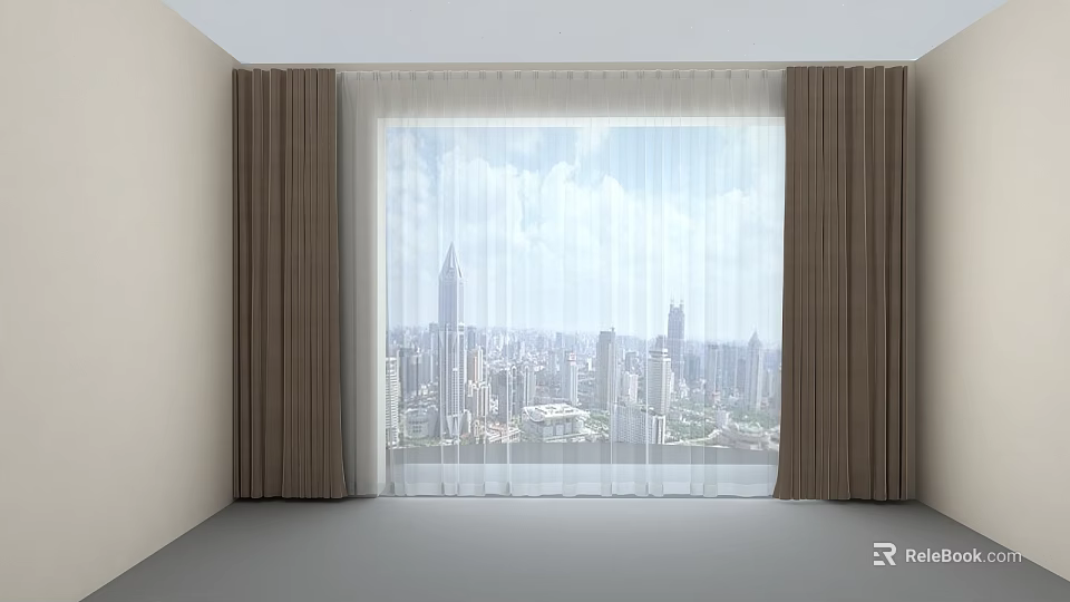 Brown Curtains And White Sheer Drapes For Window With City Skyline 3d model 