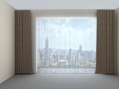 Brown Curtains And White Sheer Drapes For Window With City Skyline 3d model