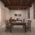 Indoor Vintage Living Space With Wooden Furniture Archway Red Lantern Green Plant And Wall Art