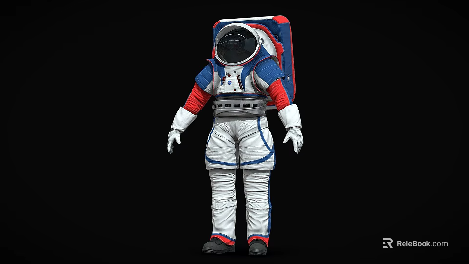 Astronaut In White Red Blue Spacesuit With Helmet And Backpack Design 3d model 