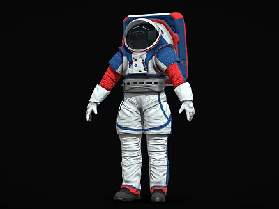 Astronaut In White Red Blue Spacesuit With Helmet And Backpack Design 3d model
