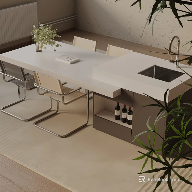 Modern Dining Table Set With White Countertop Chairs Vase Book And Wine Storage 3d model 