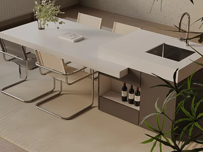 Modern Dining Table Set With White Countertop Chairs Vase Book And Wine Storage 3d model