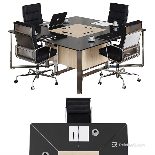 Modern Office Conference Table With Metal Frame Leather Chairs And Tabletop Documents 3d model