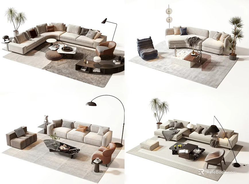 Modern Sofa Coffee Table Set With Floor Lamp Rug Pillows Armchair And Plant 3d model 