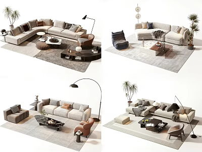 Modern Sofa Coffee Table Set With Floor Lamp Rug Pillows Armchair And Plant 3d model